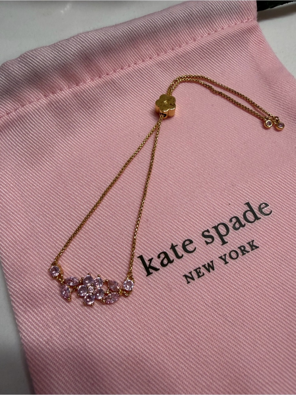 Kate Spade ♠️ Gold Floral Crystal Adjustable Bracelet - Light Pink Accents